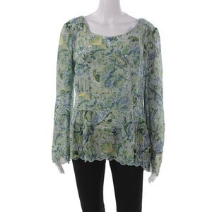 Indigo Palms Women Silk Paisley Tunic Blouse Multicolor Long Sleeve Size L